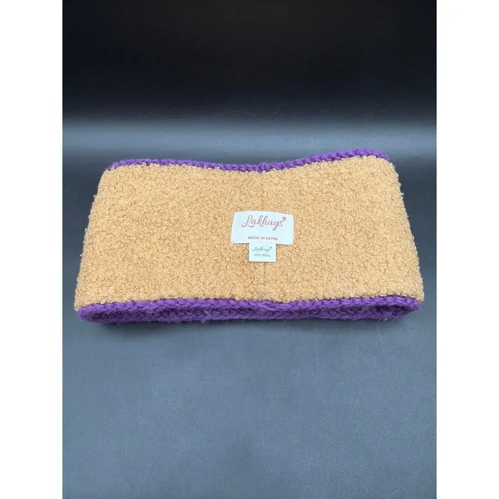 Lakhays 100% Wool Teddy Bear Knit Headband Ear Warmer Fleece Lined Nepal Purple